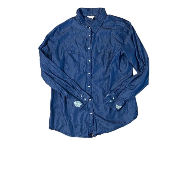 Bit & Bridle Woman's Pearl Snap Long Sleeve Top Sz XL Blue Denim Embroidered - Picture 6 of 12